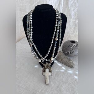 Silver 3 strand Beaded Cross & bone Necklace